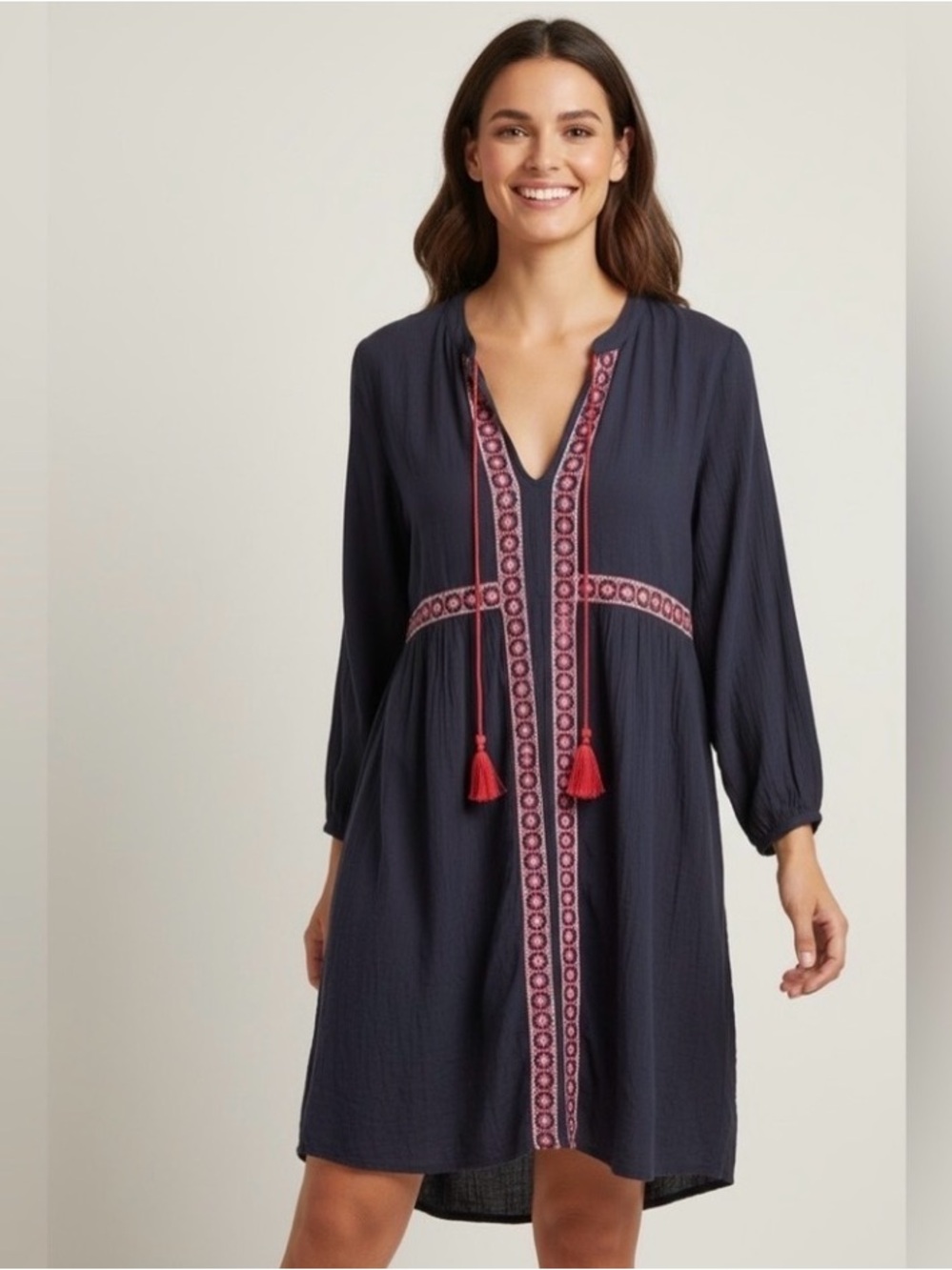 LIKE NEW Old Navy - Navy Dress with Red Embroidered Trim